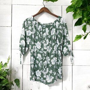 George UK Floral Green & White Peasant Blouse Half Sleeves Elastic Neckline Sz L